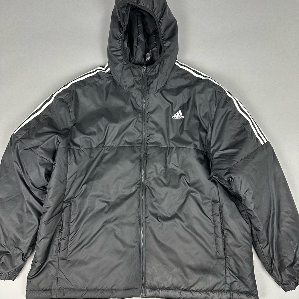 Adidas Black Puffer Jacket with White Stripes